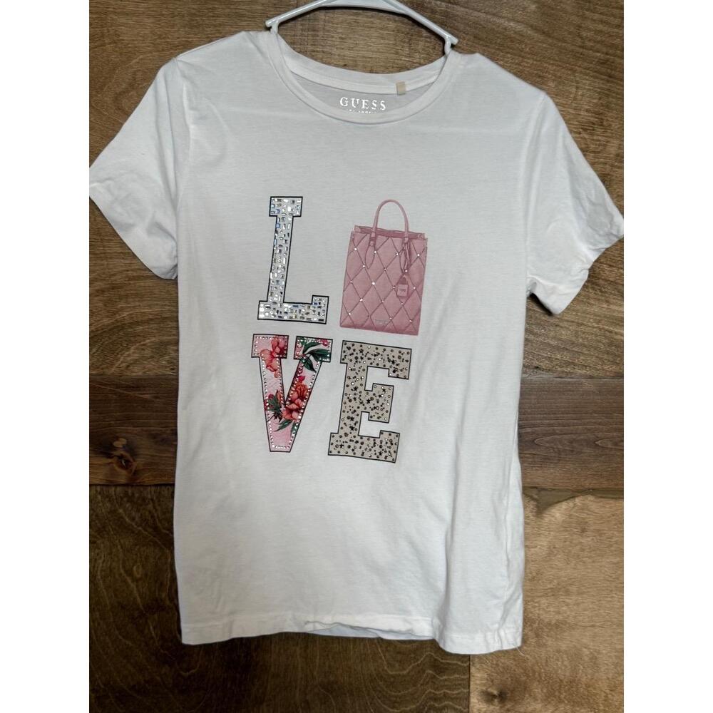 Guess White Graphic Print Short Sleeve Pink Handbag Logo Womens T-shirt Small